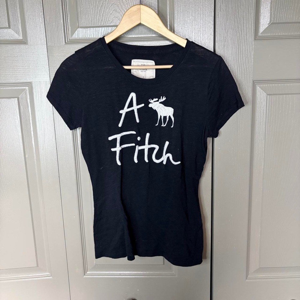 Abercrombie & Fitch Y2K Navy Blue Embroidered Moose Logo Baby Tee Shirt Womens S